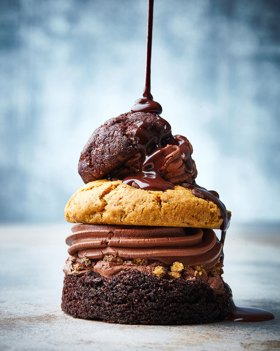 Brownie with Chocolate Mousse and Cookie with Chocolate Drizzle